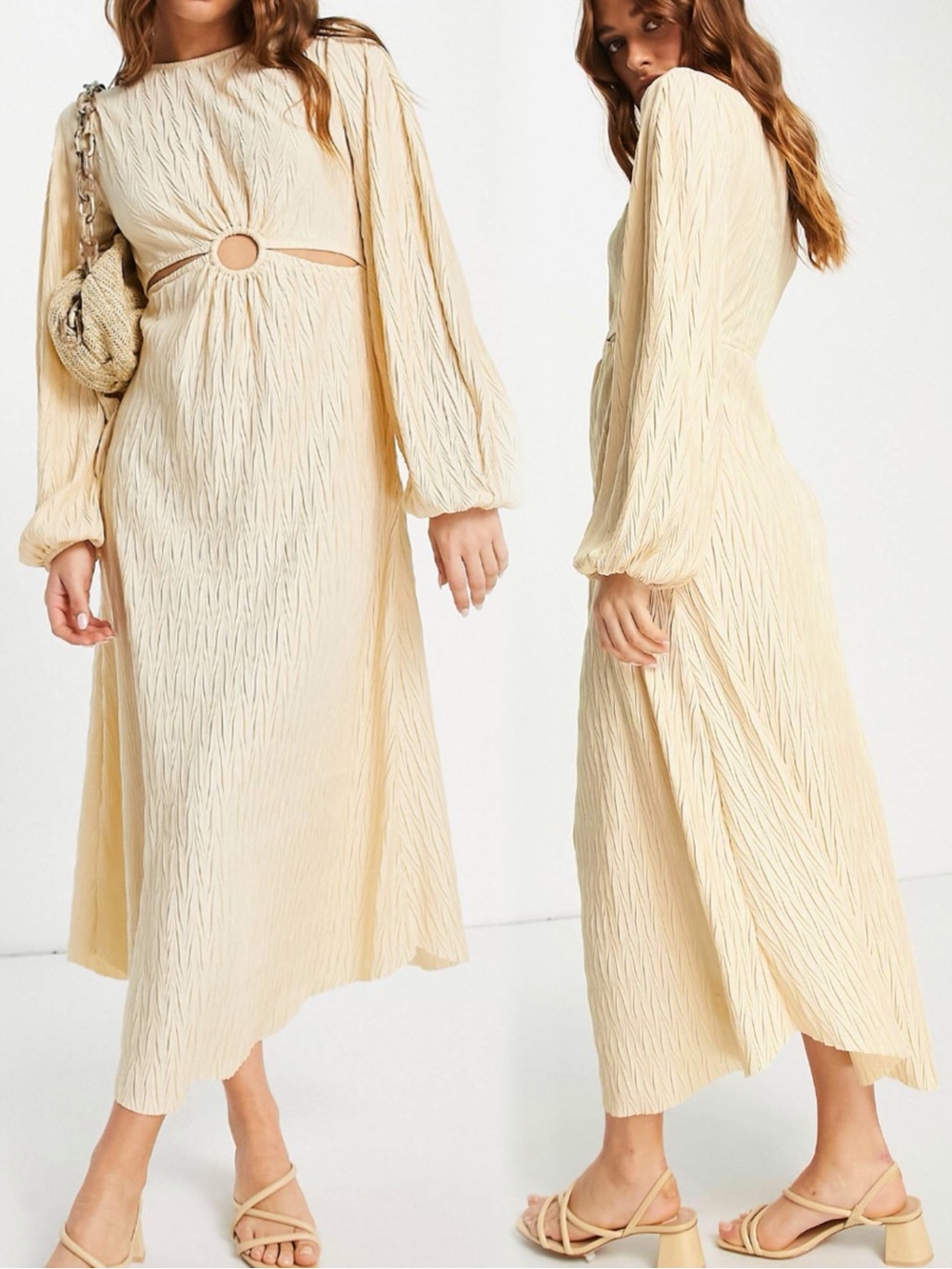 River Island Cream Long Sleeve Cut Out Waist Textured Midi Dress